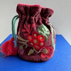 Boho Floral Embroidered Velvet Drawstring Pouch Bag Maroon Pink